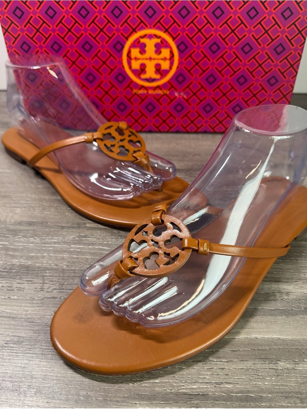 Tory Burch Cognac Leather Logo Thong Mini Miller Sandals Size 9M